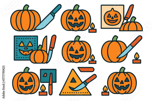 Halloween pumpkin carving with jack-o'-lantern, knife, and lit candle elements