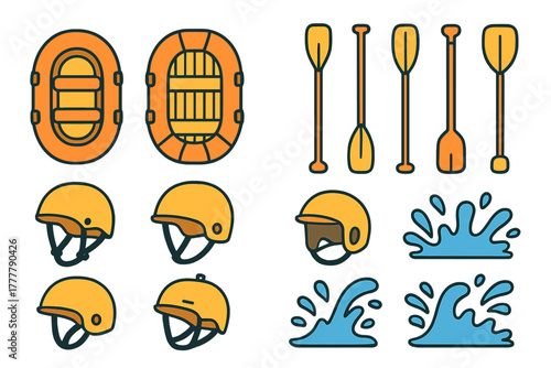 Essential white water rafting equipment including inflatable boats, paddles, and safety helmets