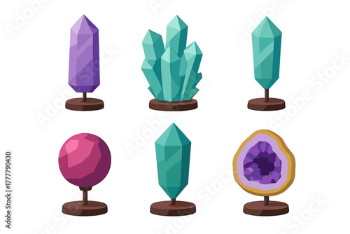 Collection of colorful geometric crystals and minerals displayed on individual stands