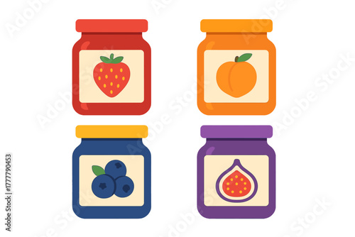 Sweet fruit preserves collection in glass jars: strawberry, peach, blueberry, and fig flavors