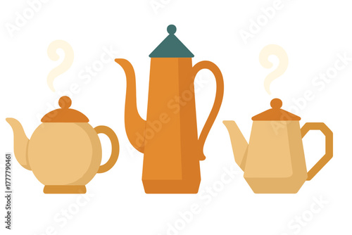 Set of three stylized hot beverage pots including coffee carafe and two steaming teapots