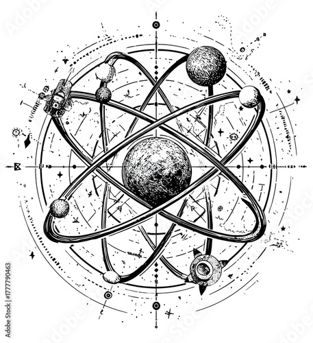 Detailed scientific illustration of an atom model with orbiting electrons, celestial bodies, and cosmic symbols, representing physics and discovery.