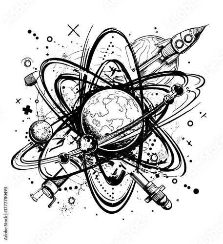 Intricate black and white line art illustration of science, space exploration, Earth, atomic physics, rocket, and satellite.
