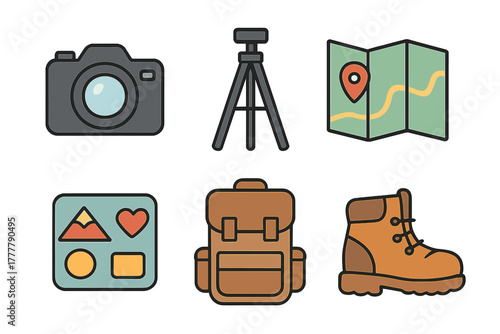 Essential equipment for outdoor adventure travel and hiking activities including photography and navigation tools