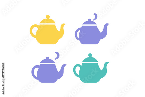 Four stylized teapot icons in various colors representing hot beverages and tea time