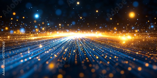 futuristic digital data stream with glowing particles and light trails in dark background