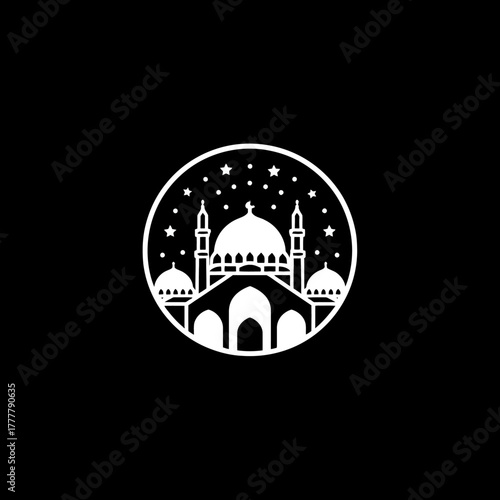 Islamic mosque illustration with domes, minarets, and stars in a circular badge. Symbol of Muslim culture and worship at night.