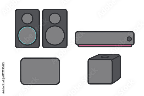 Set of modern minimalist home audio and entertainment system electronic components