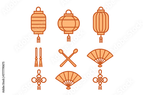 Traditional Chinese cultural symbols set including lanterns, folding fans, and decorative knots