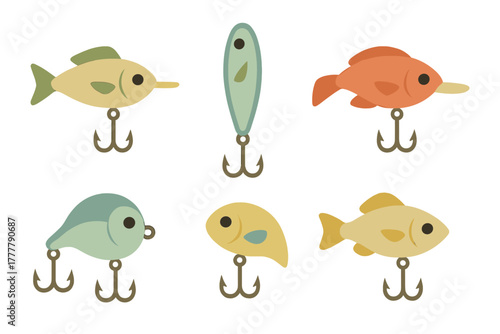 Colorful collection of various fishing lures and hooks for angling sport