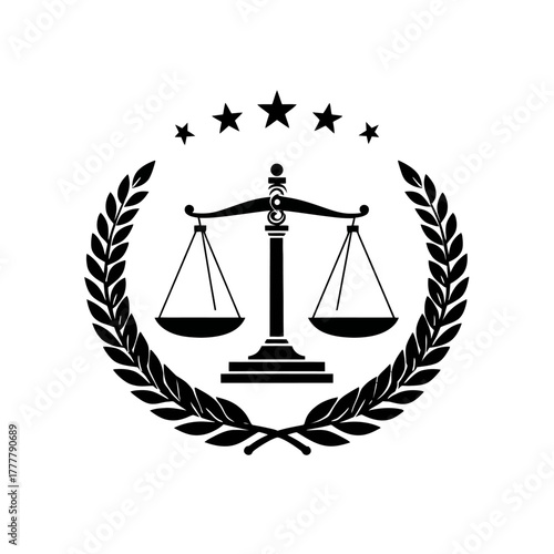 Black and white scales of justice emblem with laurel wreath and stars, symbolizing law, order, and equilibrium
