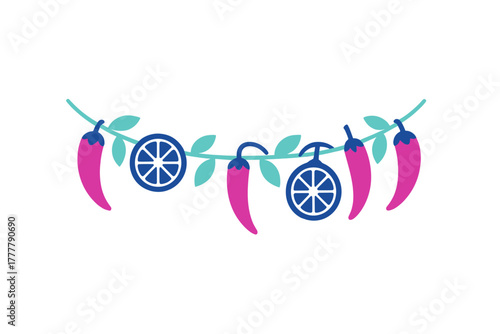 Vibrant decorative garland with pink chili peppers and blue lime slices on a leafy vine