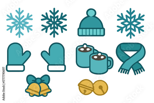 Set of flat design winter holiday symbols including snowflakes, warm apparel, hot cocoa, and festive bells