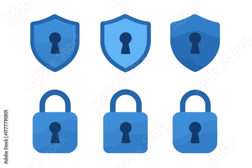 Set of six blue security icons featuring shields and closed padlocks with keyhole shapes