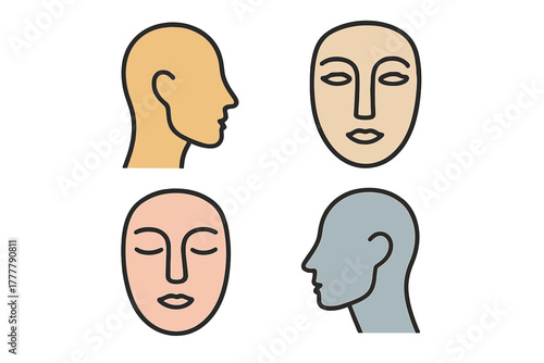 Minimalist abstract human heads and faces set in various skin tones and perspectives