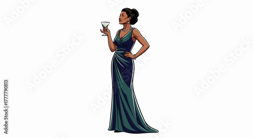 Elegant woman drinking martini, wearing evening gown against white backdrop. Martini drinker has her hand on hip, wearing blue and green gown. Celebrate with a martini, perfect for social events.