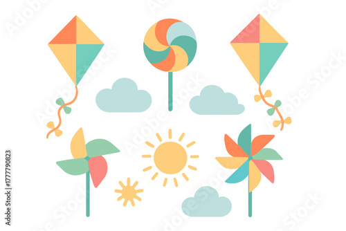Bright summer objects set featuring kites, spinning pinwheels, fluffy clouds, and a sweet lollipop
