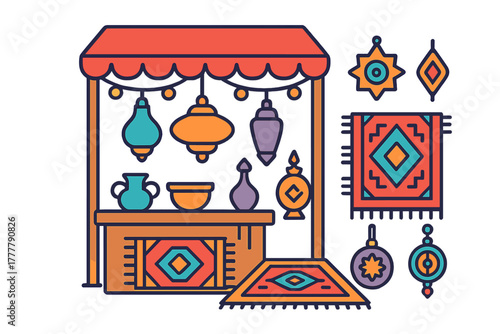 Traditional Middle Eastern market stall display with hanging lanterns, pottery, and patterned rugs