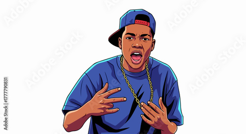 Excited rapper in blue shirt making a gesture in front of white background, rapper with cap. Expressive rapper with chain necklace singing on stage. Concept rapper for poster.
