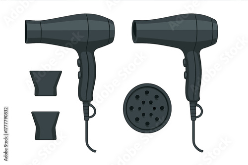 Professional black hair dryer set with interchangeable nozzles and diffuser attachments