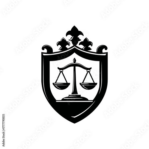 Classic legal scales of justice within a heraldic shield emblem, symbolizing law, equity, and balance. Professional vector illustration.