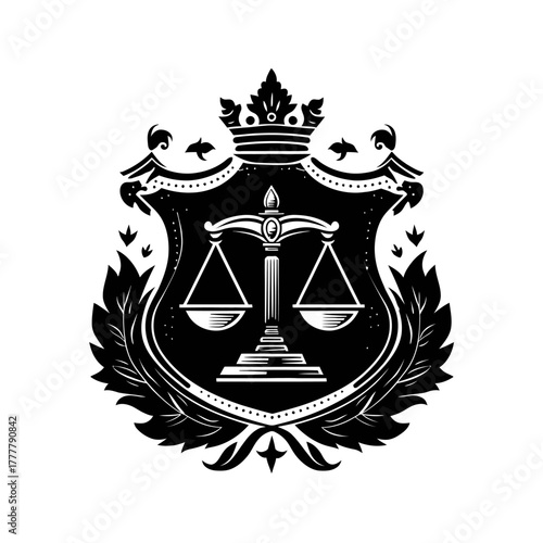 Elegant scales of justice emblem in a classic heraldic shield with crown and laurel. Vintage law and legal symbol of balance and equity.