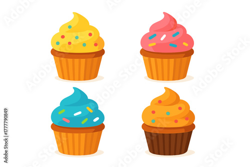 Four sweet dessert cupcakes with vibrant frosting and decorative sprinkles