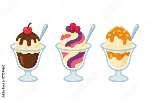 Three colorful ice cream sundaes served in glass cups with chocolate, caramel, and berry toppings