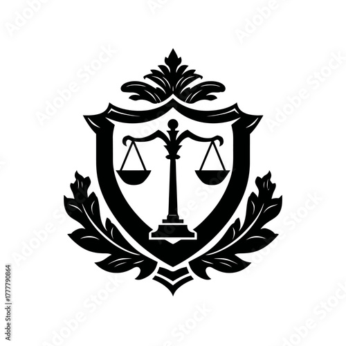 Elegant vintage scales of justice emblem with ornate shield and leaves, symbolizing law, legal, and balance