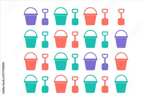 Colorful seamless pattern of beach toys sand buckets and shovels for summer fun background