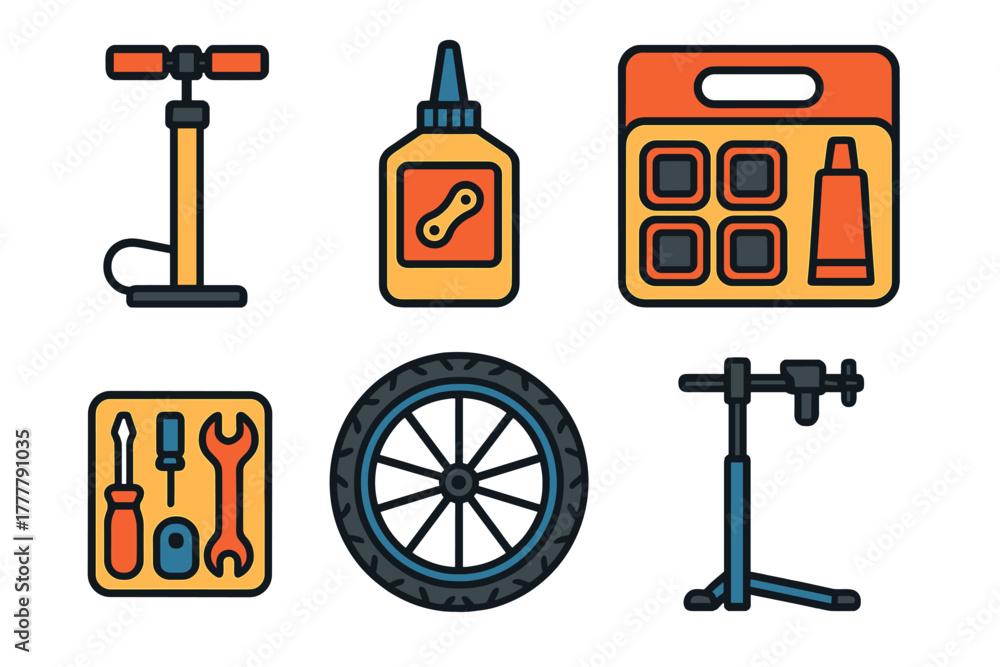 Fototapeta premium Essential bicycle maintenance equipment set including pump stand and repair kit