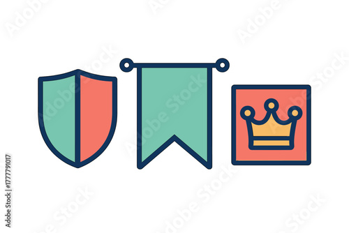 Vibrant graphic symbols of shield, crown, and banner representing security, royalty, and success