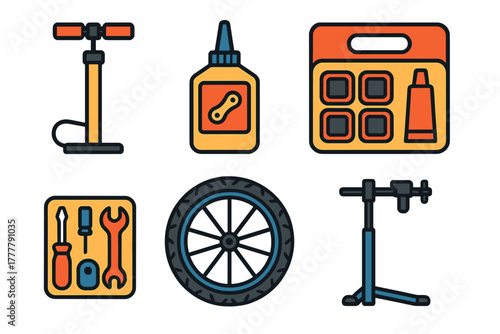 Essential bicycle maintenance equipment set including pump stand and repair kit