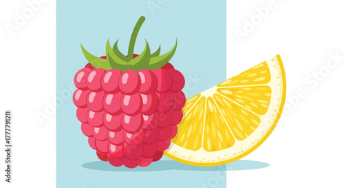 Vibrant Arrangement: Raspberry and Lemon Slice Artwork Against a Colorful Backdrop