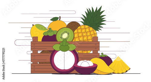 Vibrant Assortment Of Tropical Fruits Freshly Harvested And Placed In Wooden Crate