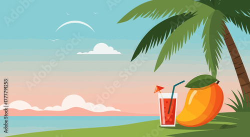 Vibrant Beachside Illustration Featuring Tropical Mango, Drink, Palm Tree, and Serene Landscape