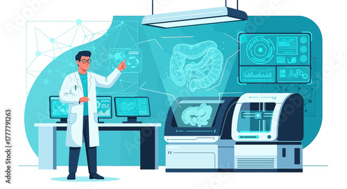Innovative medical research concept featuring scientist examining 3D printed organ models
