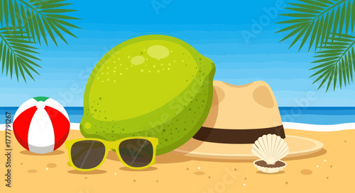 Vibrant Beach Scene Depicting Holiday Elements and Sunny Day Leisure Activities