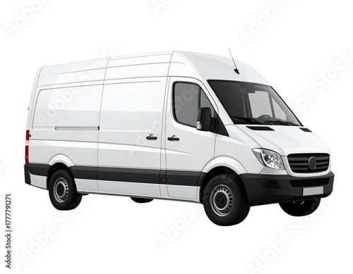 Side view of a white sprinter van with black trim parked in a studio shot, White cargo panel van side view, commercial vehicle mockup for branding Isolated on transparent background.