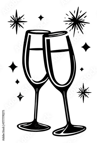 Black and white graphic of two elegant champagne flutes toasting, surrounded by festive sparkles. Ideal for celebration, party, and New Year.
