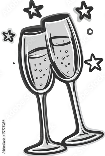 Cheers! Two champagne flutes clinking, an elegant black and white vector illustration for celebration, party, or New Year's Eve.