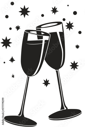 Two elegant champagne flutes clinking together in a festive toast, symbolizing celebration, success, and happy moments.