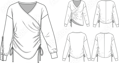Women's wrap top fashion sketch, ruched side detail, long sleeve technical drawing, asymmetrical hem, garment design, apparel illustration, vector