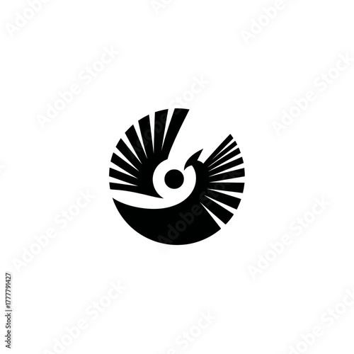 Black stylized abstract bird silhouette with spread wings in a circular design element. Modern minimalist flying fowl graphic icon concept.
