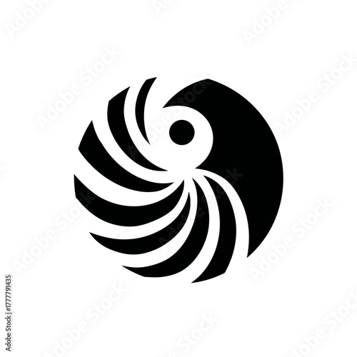 Minimalist black and white spiral design reminiscent of a nautilus shell or abstract bird, ideal for modern logos, icons, and graphic elements.