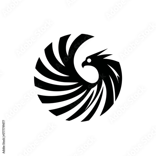 Abstract black and white phoenix bird logo with powerful spreading wings in a dynamic circular design. Modern strong animal emblem.