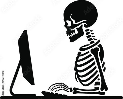 Vector skeleton sitting at a computer, isolated on white background