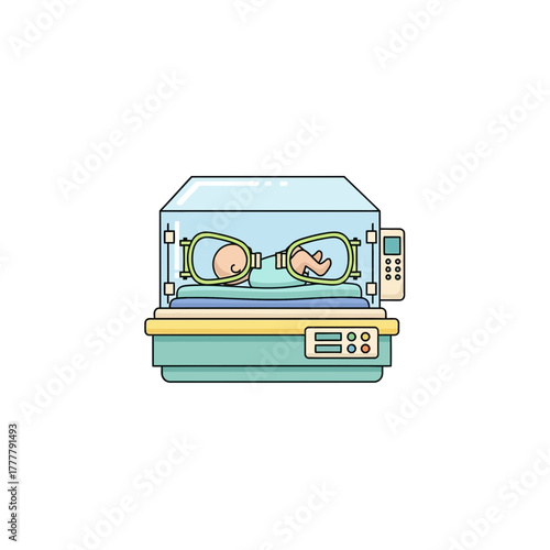 Newborn Baby in Hospital Incubator for Premature Care Vector Illustration