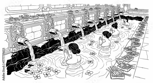 Balinese Women Bathing in Holy Water Springs with Offerings