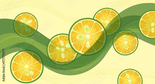 Vibrant Citrus Fruit Slices Floating in Artistic Vector Graphic Illustration